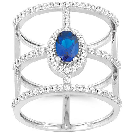 Classic Women's Triple Row with Blue Oval CZ Ring - W-9957 ,