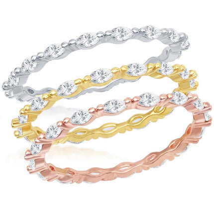 Classic Women's Tri Color Marquise CZ Triple Ring - W-2451 ,