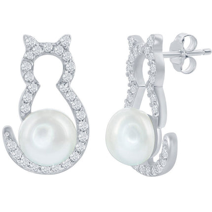 Classic Women's Earrings - Sterling Silver CZ Cat with Round White Pearl | D-7973 ,
