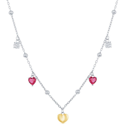 Classic Women's Necklace - GP Sterling Silver White and Ruby CZ Heart Beaded | M-6941 ,