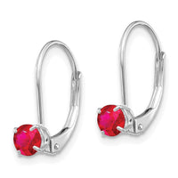 14k White Gold 4mm Round July/Ruby Leverback Earrings ,
