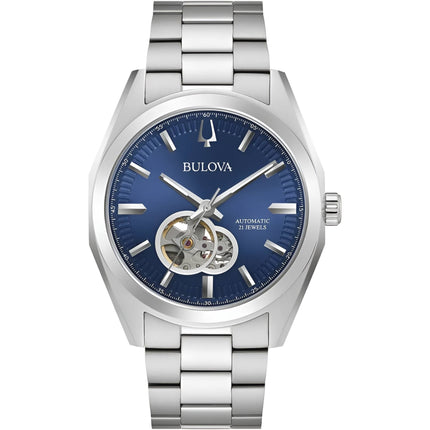 Bulova Men's Watch - Surveyor Automatic Open Heart Blue Dial Silver Bracelet | 96A275 ,