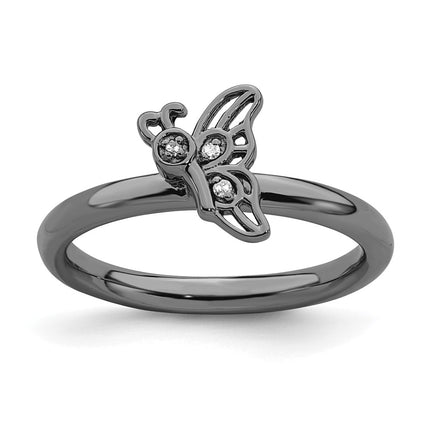 Sterling Silver Stackable Expressions Black-plated Butterfly w/Diamond Ring | QSK1628 ,