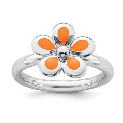 Sterling Silver Stackable Expressions Polished Orange Enameled Flower Ring | QSK123 ,