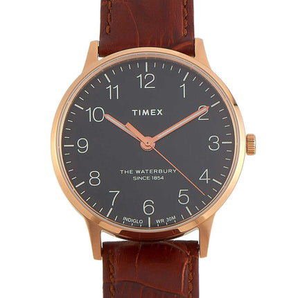 Timex Men's Watch Waterbury Quartz Rose Gold Case Black Dial Brown Strap TW2R71400 ,