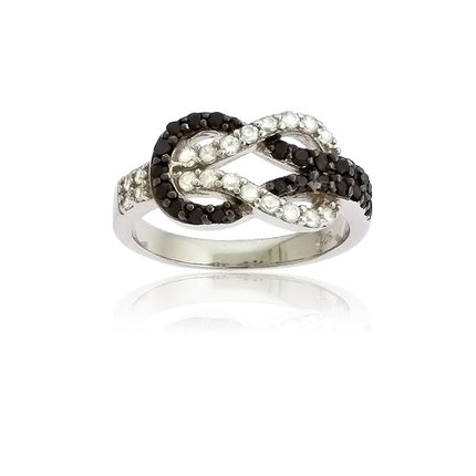 Sterling Silver Black and White CZ Love Knot Ring - W-8940 ,