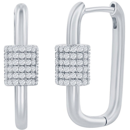 Classic Women's Earrings - Silver Micro Pave CZ Oval Carabiner Paperclip | D-7974 ,