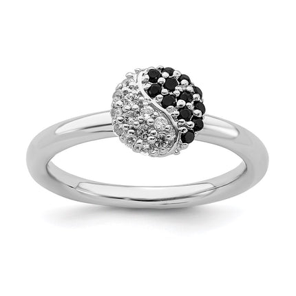 Sterling Silver Stackable Expressions Rhodium White Topaz Onyx Ring | QSK1941 ,