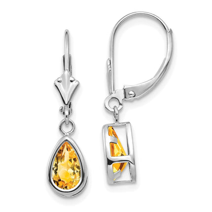 14k White Gold 8x5mm Pear Citrine Leverback Earrings ,