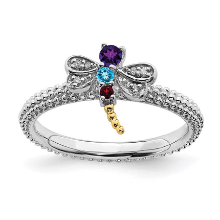 Sterling Silver&14k Stackable Expressions Gemstone & Diamond Dragonfly Ring | QSK912 ,