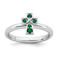 Sterling Silver Stackable Expressions Rhodium Created Emerald Cross Ring | QSK1634 ,