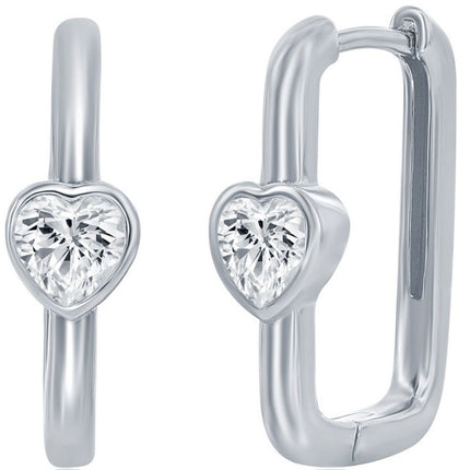 Classic Women's Earrings - Sterling Silver CZ Heart Shaped Rectangle Hinged | D-8216 ,