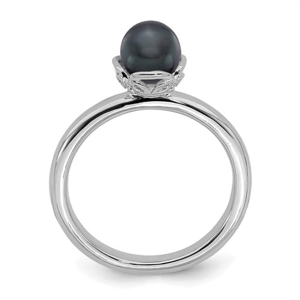 Sterling Silver Stack Exp. Polished Black FW Cultured Pearl Ring | QSK612 ,
