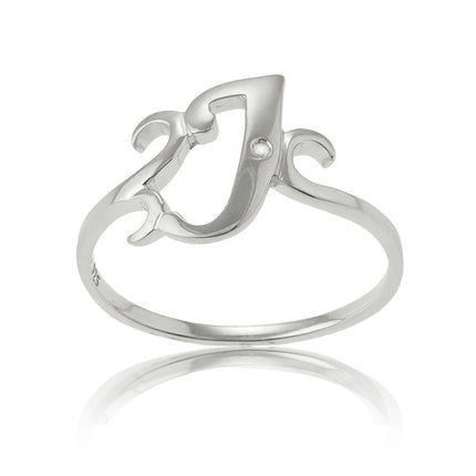 Sterling Silver Single CZ "J" Ring - W-9479 ,