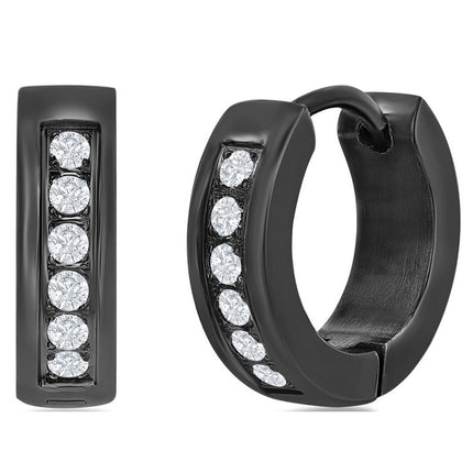 Women's Earrings - Black Steel 13mm Hoop Single Row CZ | SA-6077 ,