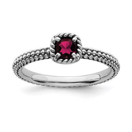 Sterling Silver Stackable Expressions Checker-cut Cr Ruby Antiqued Ring | QSK747 ,