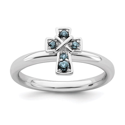 Sterling Silver Stackable Expressions Rhodium Aquamarine Cross Ring | QSK1632 ,