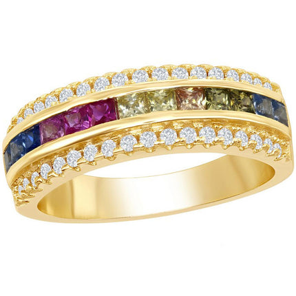 Classic Women's Gold Channel Set Rainbow CZ Ring - W-2129 ,