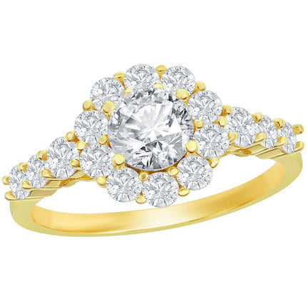 Classic Women's Gold Halo CZ Flower Design Ring - W-2845 ,