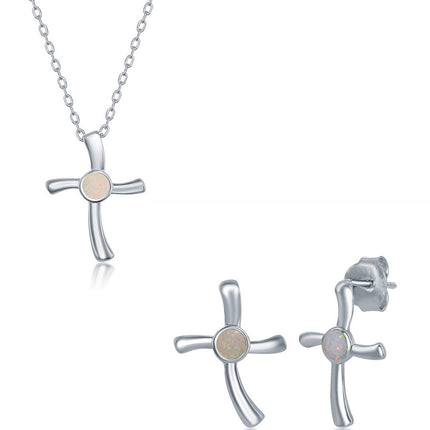 Opalata Women's Necklace and Earrings Set - Sterling Silver White Opal Cross | SET-584 ,