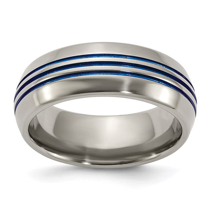 Titanium with Blue Triple Groove Beveled Edges 8mm Polished Band | TB417 ,