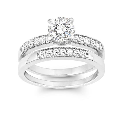 Sterling Silver CZ Engagement and Wedding Ring Set - W-9896 ,