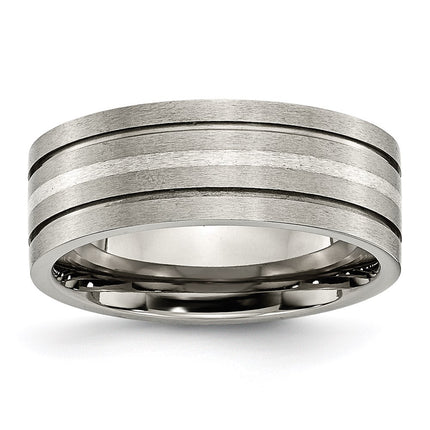 Titanium Grooved Sterling Silver Inlay 8mm Brushed Band | TB372 ,