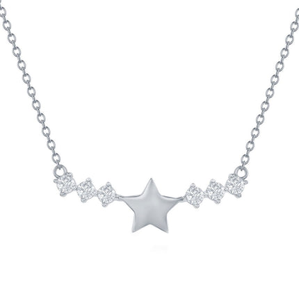 Classic Women's Necklace - Sterling Silver Star with CZ Sides Bar | M-6887 ,