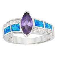 Sterling Silver CZ; Opal and Marquise Purple CZ Ring ,