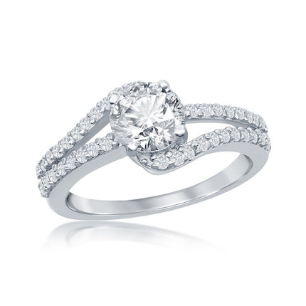Sterling Silver Double Band CZ Engagement Ring - W-2412 ,