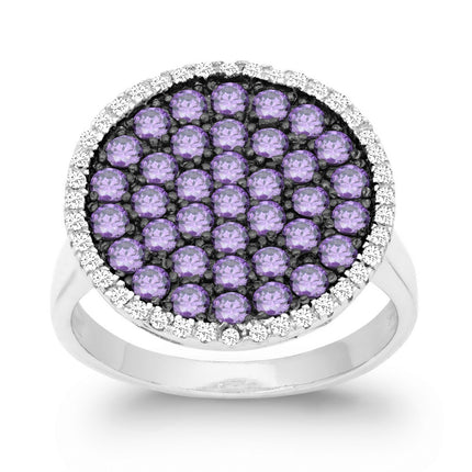 Sterling Silver Purple CZ Black Rhodium Round Ring - W-9873 ,