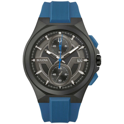 Bulova Men's Chronograph Watch - Maquina Dark Grey and Black Dial Blue Strap | 98B380 ,
