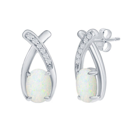 Opalata Women's Earrings - Sterling Silver Oval White Opal with CZ Post Back | D-8171 ,