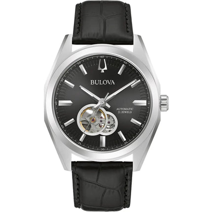 Bulova Men's Watch - Surveyor Open Heart Black and Silver Tone Dial Strap | 96A273 ,