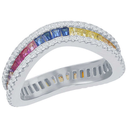 Classic Women's Rainbow Baguette CZ Wavy Ring - W-2442 ,