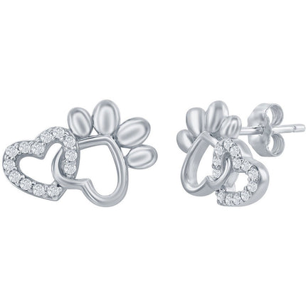Classic Women's Earrings - Silver Heart and Paw White CZ Stone Stud Post Back | D-7928 ,