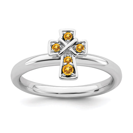 Sterling Silver Stackable Expressions Rhodium Citrine Cross Ring | QSK1640 ,