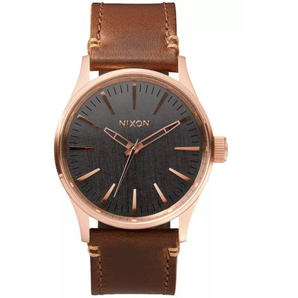 Nixon Men's Watch - Sentry Quartz Rose Gold Case Grey Dial Leather Strap | A377-2001 ,