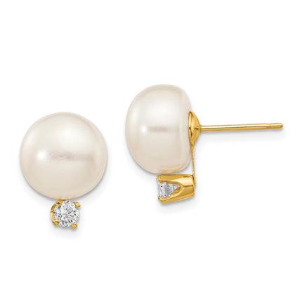 14k 10-11mm White Button FW Cultured Pearl .2ct Diamond Post Earrings ,