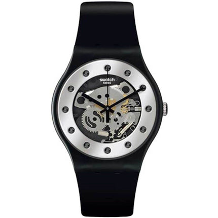 Swatch Unisex Watch - Sparkling Circle Silver Glam Black Silicone Strap | SO29B109 ,