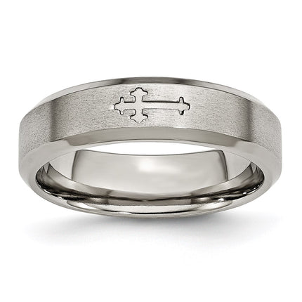 Titanium Cross Design 6mm Satin Beveled Edge Band | TB334 ,