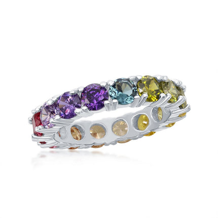 Sterling Silver Rainbow CZ Eternity Band Ring - W-2116 ,