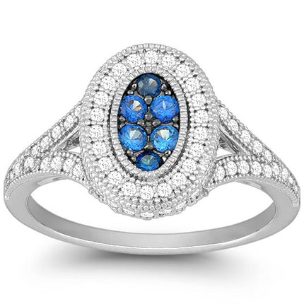 Classic Women's Blue Sapphire and Pave CZ Ring - W-9909 ,