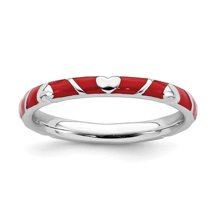 Sterling Silver Stackable Expressions Red Enamel Heart Ring | QSK1519 ,