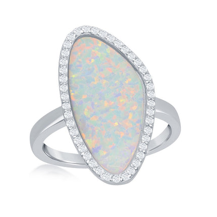 Sterling Silver White Opal Irregular Shape with CZ Ring - W-1972 ,