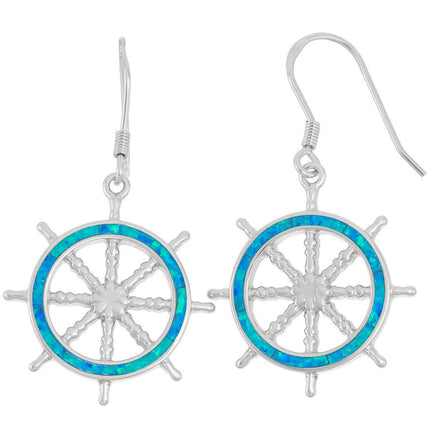 Women's Earrings - Sterling Silver Blue Inlay Opal Ship Wheel Shape | D-5902 ,