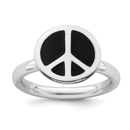 SS Stackable Expressions Polished Black Enameled Peace Sign Ring | QSK126 ,