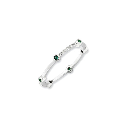 Sterling Silver Stack Exp Polished Created Emerald & Diamond Ring | QSK669 ,