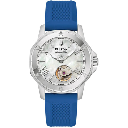 Bulova Men's Watch - Marine Star Automatic Open Heart Mop Dial Blue Strap | 96L324 ,