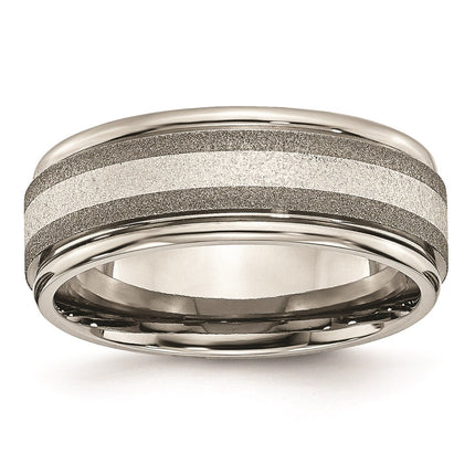Titanium Polished /Stone Finish Center Grooved Edge Sterling Inlay Band | TB83 ,